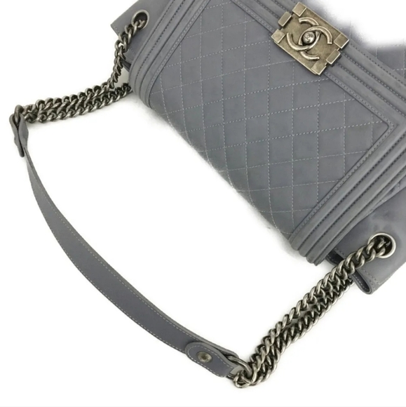 CHANEL Boy Gray Quilted Matelasse CC Logo Lambskin Chain Shoulder Bag - Picture 5 of 11
